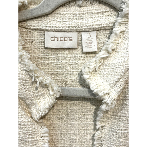 Chico’s Capsule Ecru Cream Tweed Fringe Long Topper Jacket Cardigan Sz 3 XL Chic - Picture 2 of 11